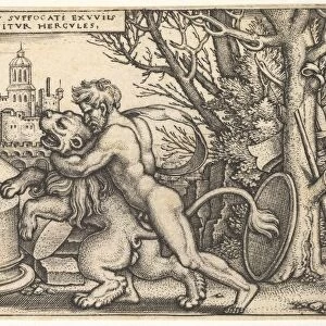 Hercules, in profile, killing the Nemean lion with his arm around its neck