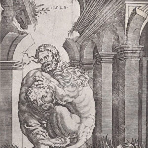 Hercules Strangling the Nemean Lion, dated 1528. Creator: Agostino Veneziano