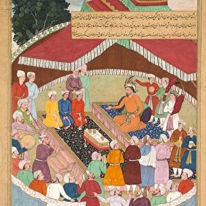 Hulagu Khan giving a feast and dispensing favor upon the amirs and princes... c. 1596-1600