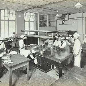 Male cookery students at work in the kitchen, Westminster Technical Institute, London, 1910