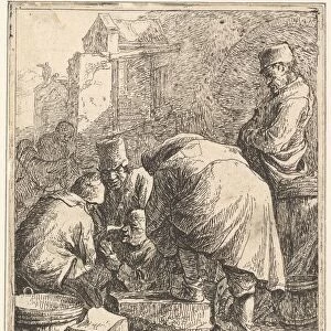 Man Adjusting His Footwear, at Left Three Men Playing Cards, 1630-77