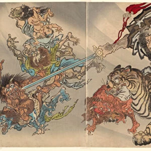 May: Shoki the Demon Queller Riding on a Tiger, Subjugating Goblins, from the series "Of t... 1887. Creator: Kawanabe Kyosai. May: Shoki the Demon Queller Riding on a Tiger, Subjugating Goblins, from the series "Of t... 1887