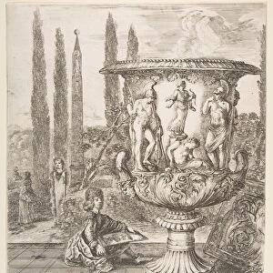 The Medici vase, a large vase to right decorated with a representation of the sacrifice