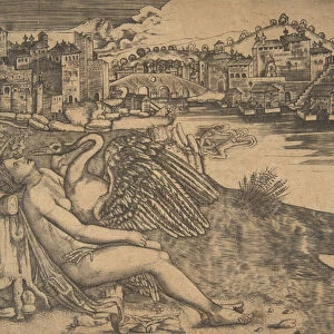 Naked woman (Leda) and swan (Zeus) embrace on a river bank; two figures jump... early 16th century. Creator: Anon
