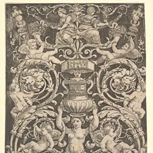 A panel of ornament with a woman holding a vase in centre, 1532