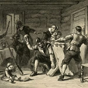 Puritans Barricading Their House Against Indians, (1877). Creator: Albert Bobbett