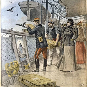 Releasing French army homing pigeons on board the transatlantic liner La Bretagne, 1898
