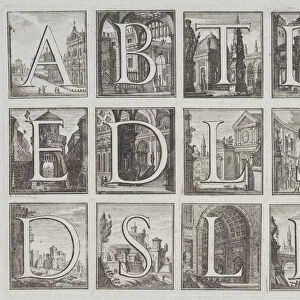 Roman alphabet against architectural backgrounds, from G. P