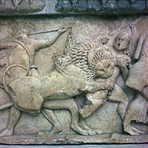 Scene from the Gigantomachy on the north frieze of the Siphnian Treasury, 6th century BC