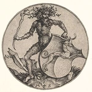 Shield with Greyhound Held by Wild Man, ca. 1435-1491. Creator: Martin Schongauer