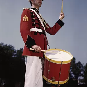 U. S. Marine Band drummer, probably at the Marine Barracks, Washington, D. C. 1942. Creator: Alfred T Palmer