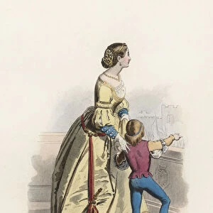 Venetian young woman and child in the Modern Age, color engraving 1870