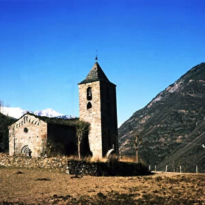 View of the Church of the Assumption in the village Coll de Tor built with large stone blocks