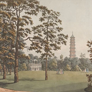 A View in Kew Gardens of the Alhambra and the Pagoda, 1813. Creator: Heinrich Schutz