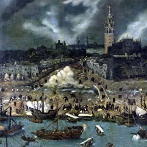 View of Seville, detail of the central part. Oil work by Sanchez Coello