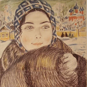 A young merchants wife in the a checkered scarf, 1919. Artist: Kustodiev, Boris Michaylovich (1878-1927)