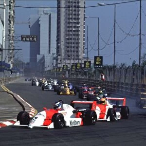 1990 Macau Formula Three Grand Prix: Mika Hakkinen leads Eddie Irvine and Michael Schumacher at the start