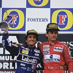 1993 Australian Grand Prix. Adelaide, Australia. 5 - 7 November 1993. Ayrton Senna (McLaren Ford) 1st position and Alain Prost (Williams Renault) 2nd position on the podium, portrait. World Copyright: LAT Photographic. Ref: 93AUS02