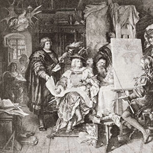 Albrecht Durer painting the portrait of the emperor Maximilian I. Albrecht Durer, 1471 -1528. Painter, printmaker, and theorist of the German Renaissance. Maximilian I, 1459 - 1519. Holy Roman Emperor. From Ilustracion Artistica, published 1887