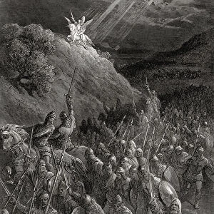 Apparition of Saint George on the Mount of Olives. After Gustave Dore. One of Dores crusade series. Here the crusade army is inspired by their vision of Saint George