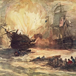The Battle of the Nile aka the Battle of Aboukir Bay, 1798. Early in the fight the largest French ship L Orient caught fire, and the flames spreading to her powder magazine, the ship blew up. From British History in Periods, published 1904