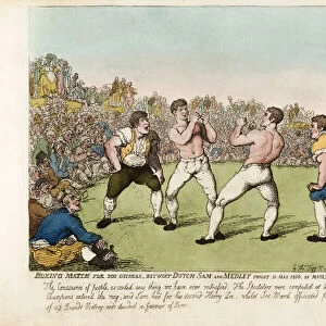 Boxing match for 200 guineas between Dutch Sam and Ben Medley, fought 31 May 1810 on Moulsey Hurst near Hampton. After a work by Thomas Rowlandson. Dutch Sams real name was Samuel Elias. He lived from 1775 - 1816. He was elected into the International Boxing Hall of Fame in 1997. Little is known about Ben Medley