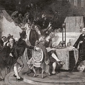 Doctor Guillotine demonstrates a model of his device used to carry out death penalties in France. Dr. Joseph-Ignace Guillotin, 1738 - 1814. French physician, politician, freemason. Although not the inventor of the guillotine his name became an eponym for it. From La Ilustracion Iberica, published 1884