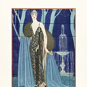 EDITORIAL Alcyone. Halcyon. Robe et Manteau du soir, de Worth. Evening dress and coat by Worth. Art-deco fashion illustration by French artist George Barbier, 1882-1932. The work was created for the Gazette du Bon Ton, a Parisian fashion magazine published between 1912-1915 and 1919-1925