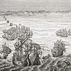 The English Fleet Commanded By Sir Francis Drake Attacking The Spanish Armada 1588 From Old Englands Worthies By Lord Brougham And Others Published London Circa 1880 s