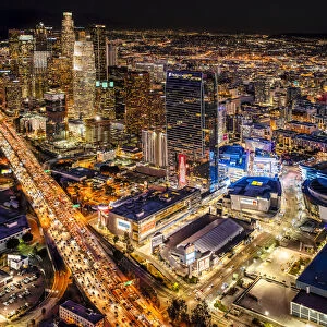 Evening aerial view of the city of Los Angeles; Los Angeles, California, United States of America