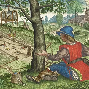 The fable of the greedy bird-catcher, based on the fables of Aesop. The bird-catcher has greedily tried to trap so many birds that he can t spring his net. Moral of the story: better to concentrate on one small thing at a time, than to want too much too soon