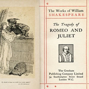 Frontispiece and title page from the Shakespeare play Romeo and Juliet. Act III. Scene 5. Juliet, "O, thinks t thou we shall ever meet again?"From The Works of William Shakespeare, published c. 1900