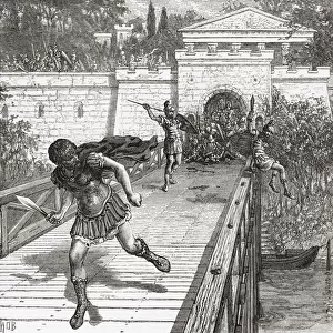 Gaius Gracchus fleeing across a wooden bridge over the Tiber in an attempt to escape the Roman consuls. Gaius Sempronius Gracchus, 154-121 BC. Roman Popularis politician in the 2nd century BC. From Cassells Illustrated Universal History, published 1883