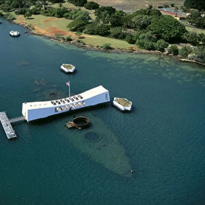 Hawaii, Oahu, Pearl Harbor, Arizona Memorial Aerial View With Ship Visible Below A42A