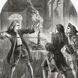 Kelly burning the treasonable papers, 1722. George Kelly, 1688-1762. Irish nonjuring Protestant clergyman and one of The Seven Men of Moidart, in Jacobite folklore, seven followers of Charles Edward Stuart. From Cassells Illustrated History of England, published c. 1890