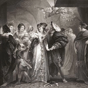 King Henry VIII of England meets Anne Boleyn. After an engraving by Isaac Taylor from a painting by Thomas Stothard illustrating Shakespeares play King Henry VIII, Act I, Scene IV