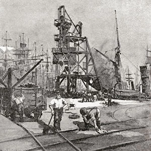 Loading coal in Cardiff Docks, Wales, 19th century. From Welsh Pictures, published 1880