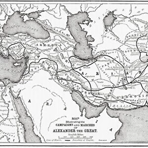 Map illustrating the campaigns and marches of Alexander the Great. From Cassells Universal History, published 1888