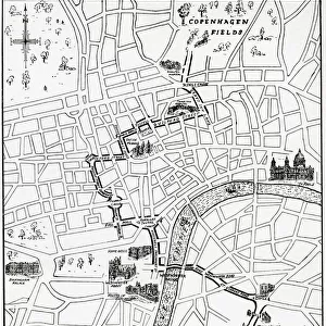 Map showing the route of the demonstration at Copenhagen Fields, London, England 21 April 1834 in protest against the deportation of the Tolpuddle Martyrs. The Tolpuddle Martyrs, a group of 19th-century Dorset agricultural labourers who were arrested for and convicted of swearing a secret oath as members of the Friendly Society of Agricultural Labourers, they were sentenced to penal transportation to Australia and Tasmania. From The Martyrs of Tolpuddle, published 1934. From The Martyrs of Tolpuddle, published 1934