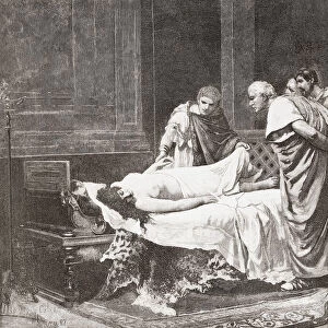 Nero before the body of his mother, Agrippina the Younger. Nero, 37 -68 AD. Roman emperor. Agrippina the Younger, 15 - 59 AD, aka Agrippina Minor. Roman empress. From Ilustracion Artistica, published 1887