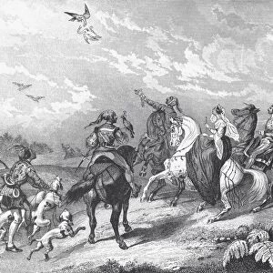 Noblemen And Women Hawking During A Hunt. From A 19Th Century Print
