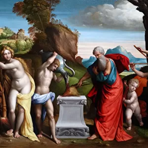 Painting titled A Pagan Sacrifice by Benvenuto Tisi, 16th century