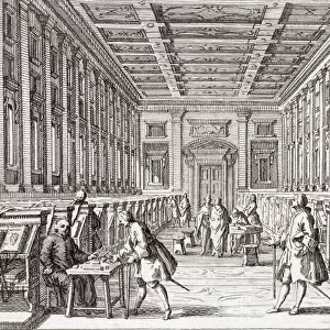 The reading room of the 16th century Laurentian Library, the Biblioteca Medicea Laurenziana, Florence, Italy, in the late 18th century. The library was built and stocked by the Medici family to emphasize their rise from being simple merchants to patrons of the arts and church. After an engraaving by Francesco Bartolozzi