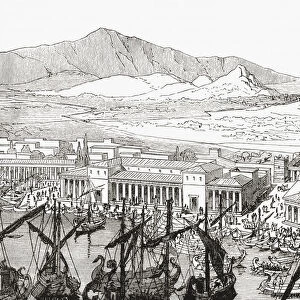 Reconstruction of the long walls connecting Athens to its port at Piraeus in ancient Greece. From Cassells Universal History, published 1888