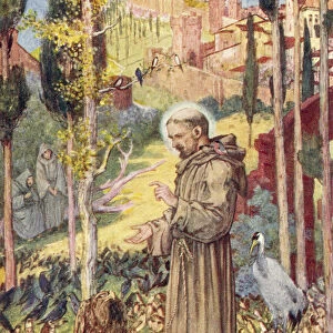 Saint Francis preaches to the birds. Saint Francis of Assisi, born Giovanni di Pietro di Bernardone, 1181 / 1182 - 1226. Italian Catholic friar, deacon and preacher. From The Book of Saints and Heroes, published 1912
