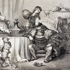 Scene From Puss In Boots By Charles Perrault. Puss Meets The Ogre. After A Work By Gustave Dore. From El Mundo Ilustrado, Published Barcelona, Circa 1880