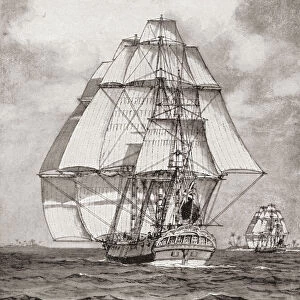 The ships HMS Resolution and HMS Discovery off the coast of Australia during the Third Voyage of Captain James Cook, 1776-1780. From The Book of Ships, published c. 1920