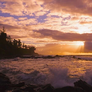 Sunrise And Waves Crashing On The Rocks, Kealia Beach; Kauai, Hawaii, United States Of America
