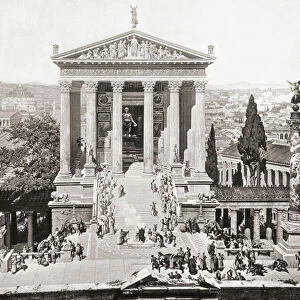 The Temple of Juno Moneta, as it may have appeared in Rome in 312 AD. After a section of a panoramic painting of Rome created by Professor J. Buhlmann and Alexander Wagner and published in leporello, or fold-out, book form in Munich, 1892, titled Das Alte Rom mit dem Triumphzuge Kaiser Constantins im Jahre 312