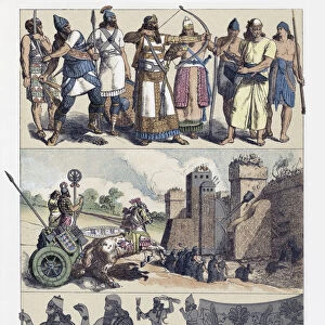 Weapons, war machines and costumes of the Assyrians and Babylonians. After a 19th century illustration by Friedrich Hottenroth
